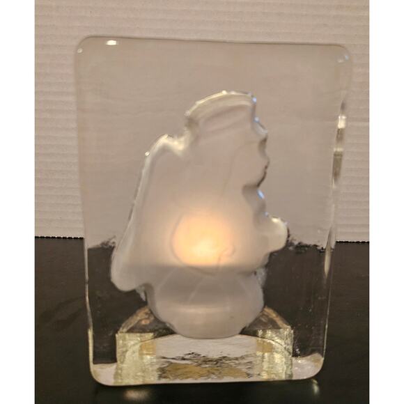 VINTAGE CLEAR GLASS & INTAGLIO FROSTED IMAGE OF ANGEL CANDLE VOTIVE HOLDER - Picture 1 of 9